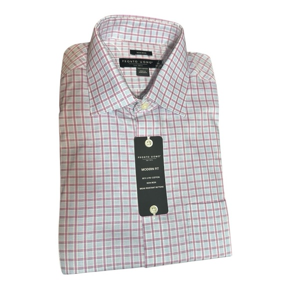 Pronto Uomo Modern Fit Dress Shirt 16 34/35 | Non-Iron |Pink, blue & white plaid - Picture 1 of 6